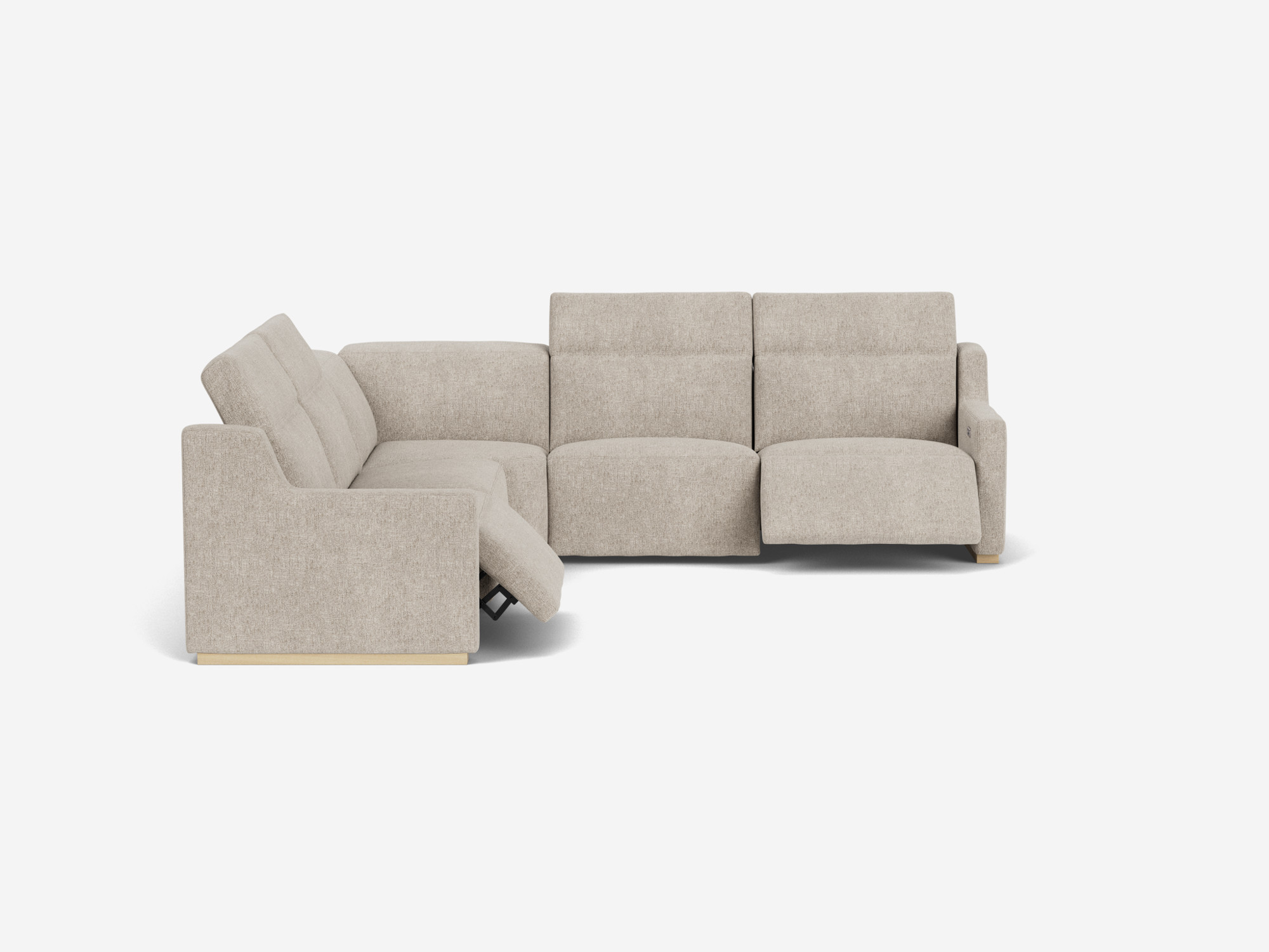 Right hand view of beige reclining sectional sofa